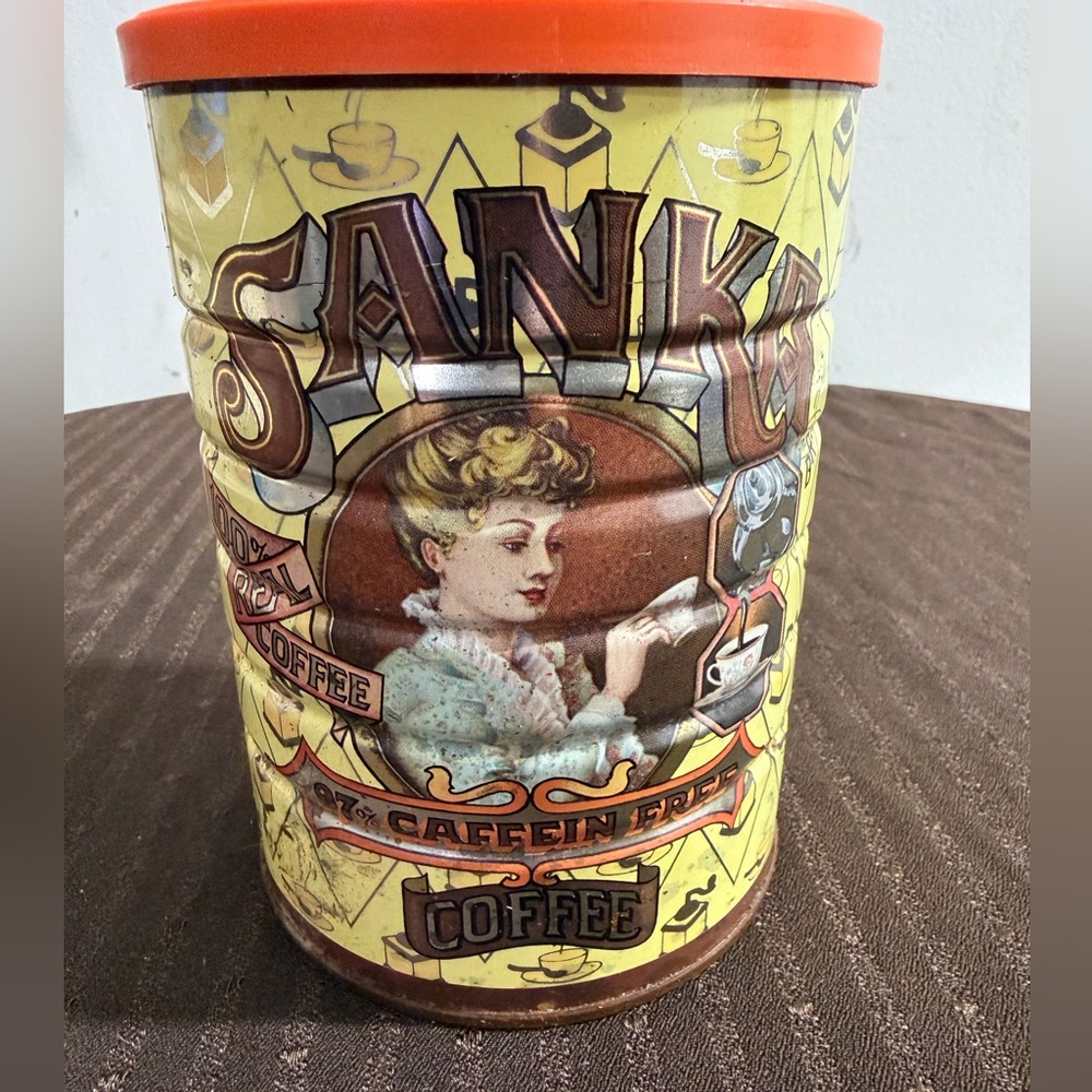 Vintage Sanka Coffee Storage Tin with Orange Lid